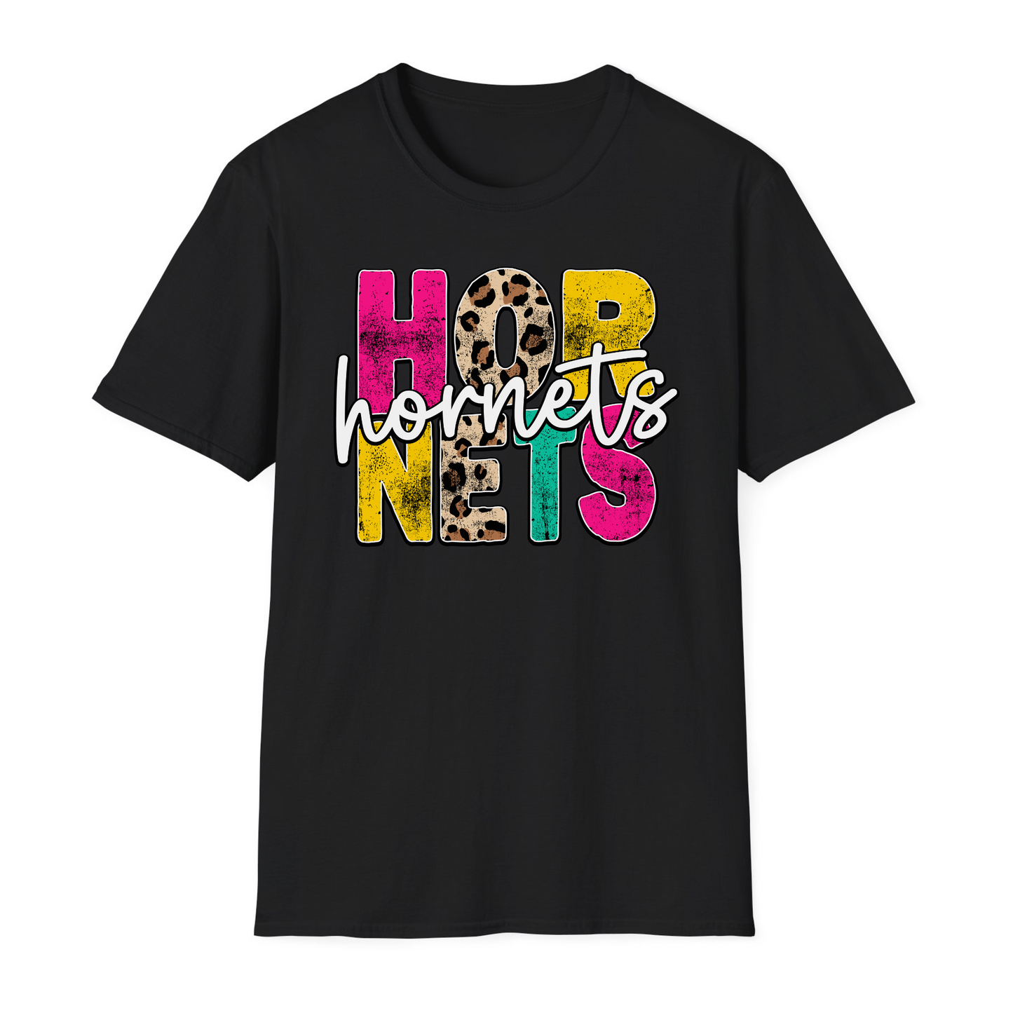 Grunge Bold Hornets with Cursive Available in T-Shirts, Hoodies, Crewnecks, & Long Sleeves
