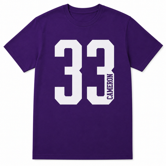 Custom Name & Number Personalized Sports Tee - purple jersey style, 33 Cameron mockup